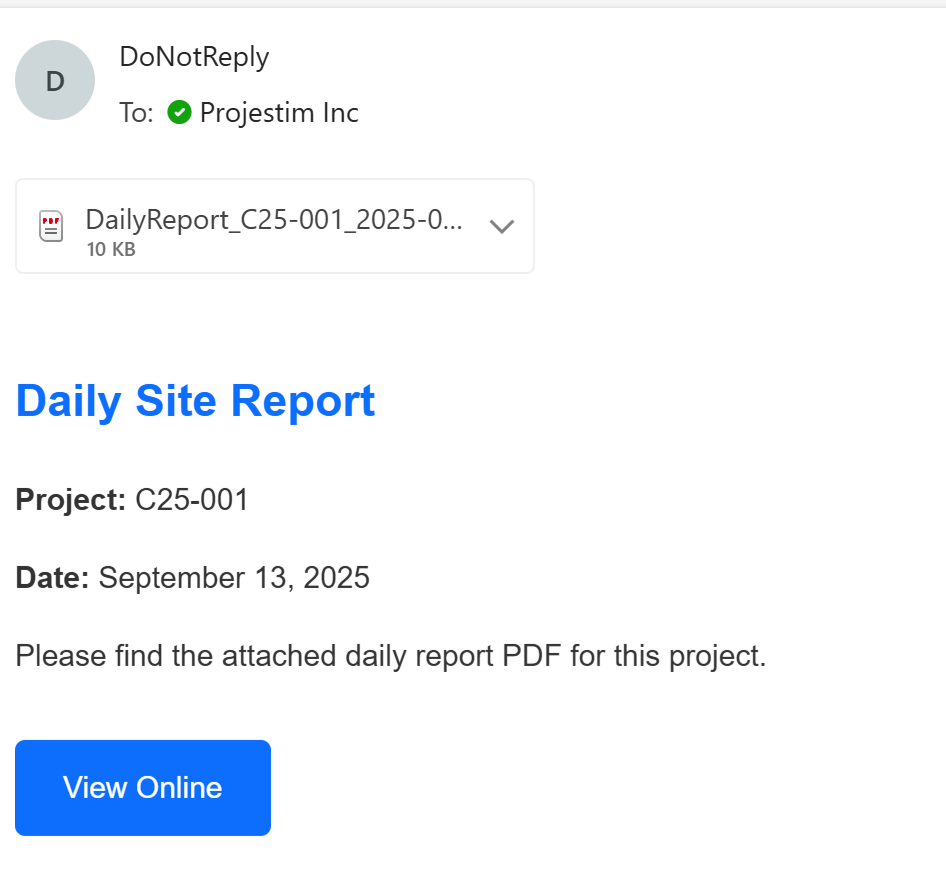 Notification courriel livrant le PDF du rapport journalier de chantier TCC avec un bouton Voir en ligne