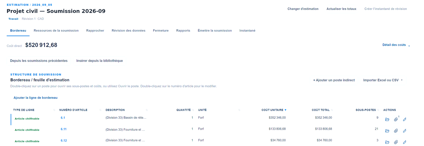 Module d'estimation TCC : bordereau avec postes chiffrés, sous-postes et import Excel/CSV