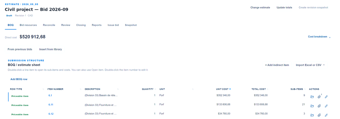 TCC estimating module: bill of quantities with priced items, sub-items and Excel/CSV import