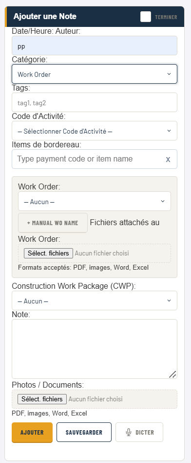 Carte notes et ordres de travail TCC