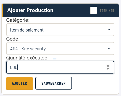 Carte de saisie des quantités de production TCC