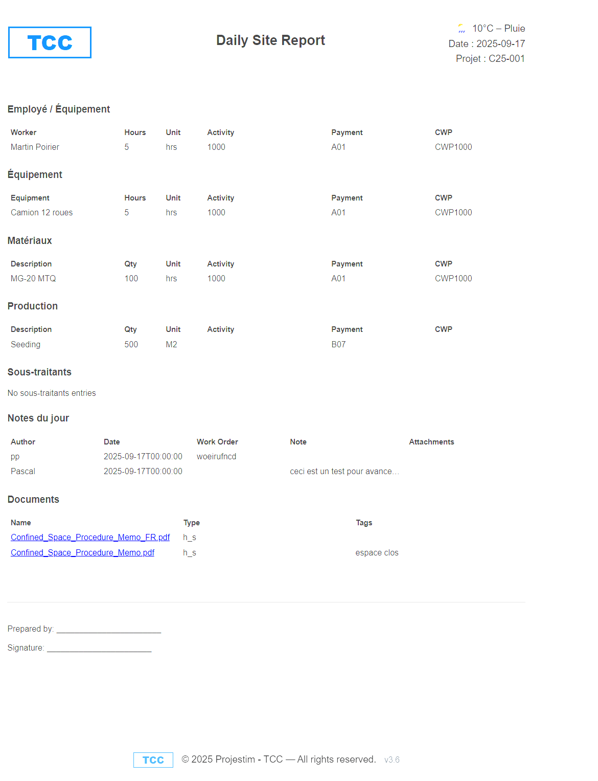 Construction daily report example showing workers, equipment, materials and production for a civil project
